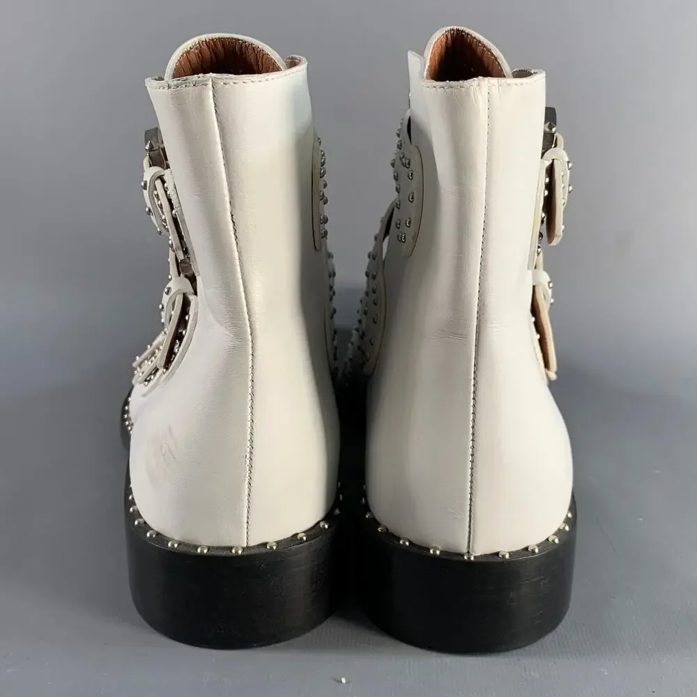 GIVENCHY Size 8 White Studded Leather Belted Boots